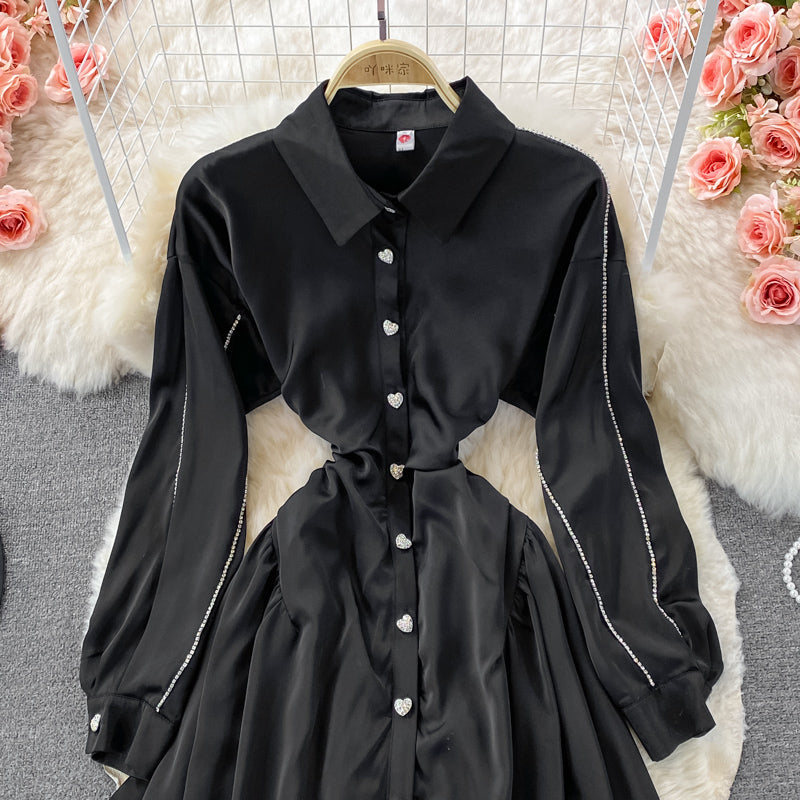 Robe chemise trapèze à manches longues et taille bouffante 3356