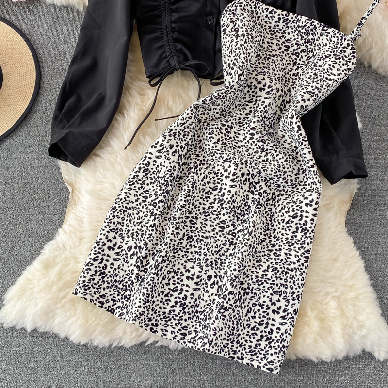 Ensemble deux pièces robe à bretelles léopard slim femme 3243