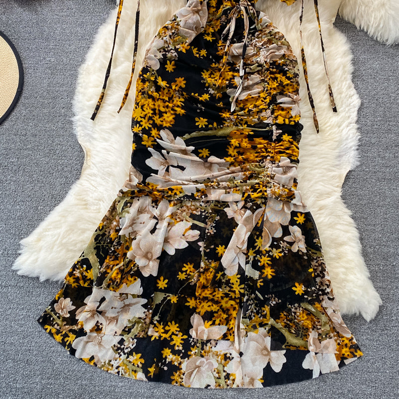 Robe en mousseline à fleurs à col en V, fendue, coupe portefeuille, en queue de poisson, 3214