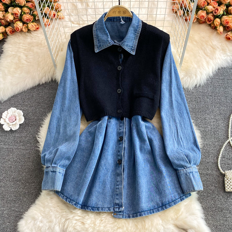 Robe en jean slim taille haute à manches longues et revers 3378
