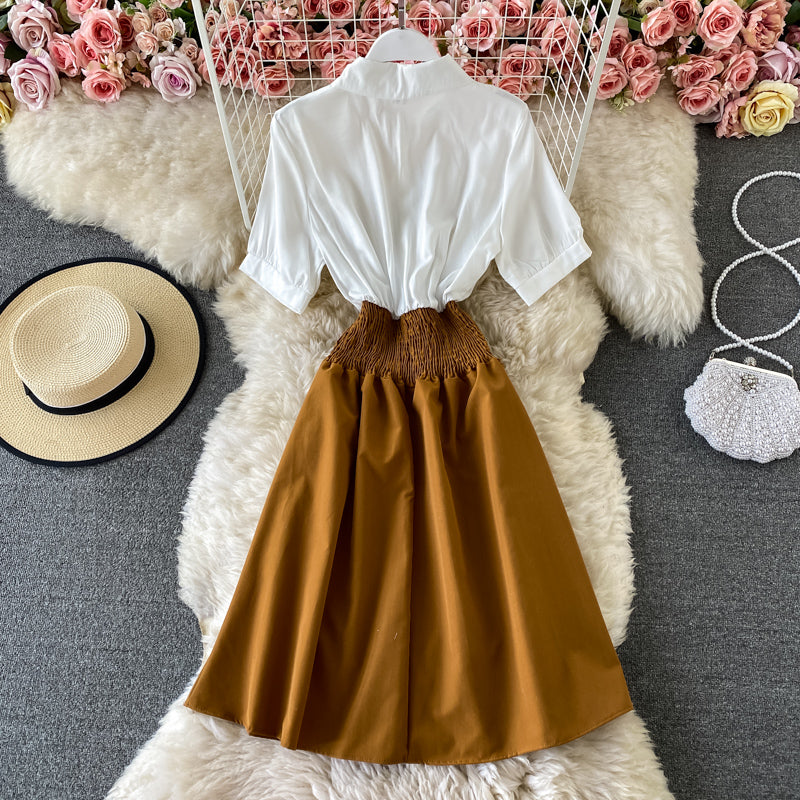A-line umbrella skirt with contrast color stitching and slim waist 2888