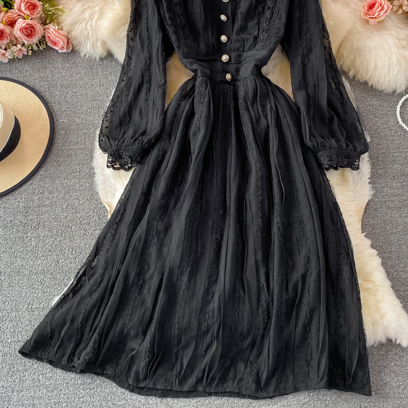 Robe en maille taille haute à col en V et dentelle 3230