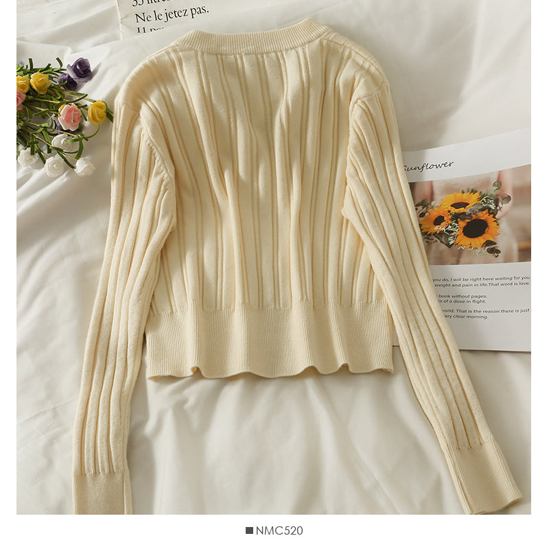 Pull cardigan court à rayures verticales et col ras du cou avec fermeture éclair 1876