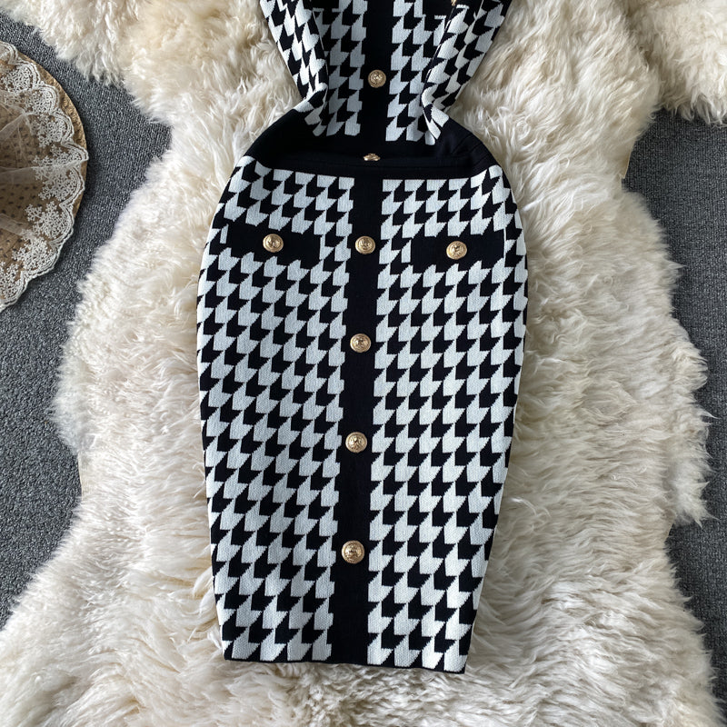 Slim Plaid buttock knit dress one step skirt 2755