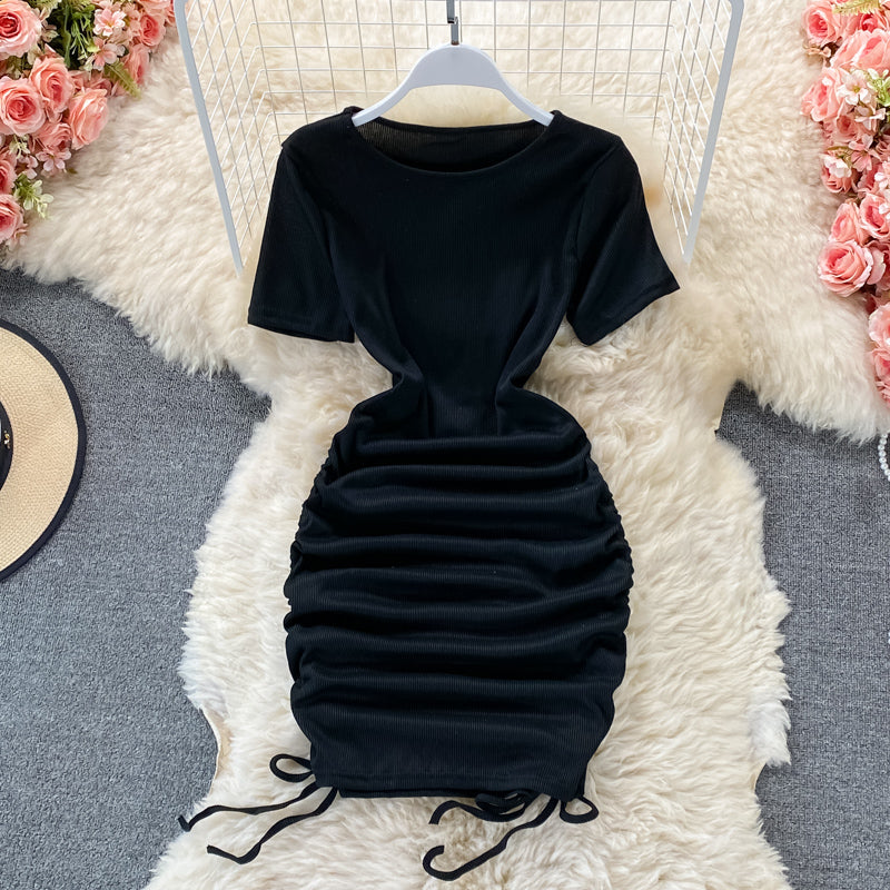 Sexy drawstring temperament slim round neck tight buttock dress 2777
