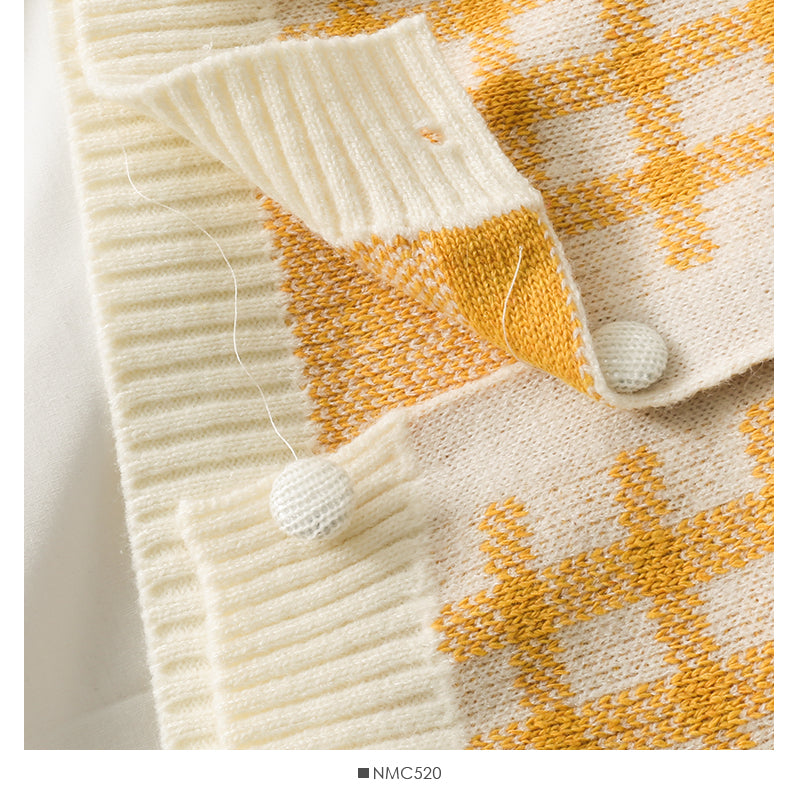 Chemise courte ample en tricot à carreaux rétro coréen pour femme 1815