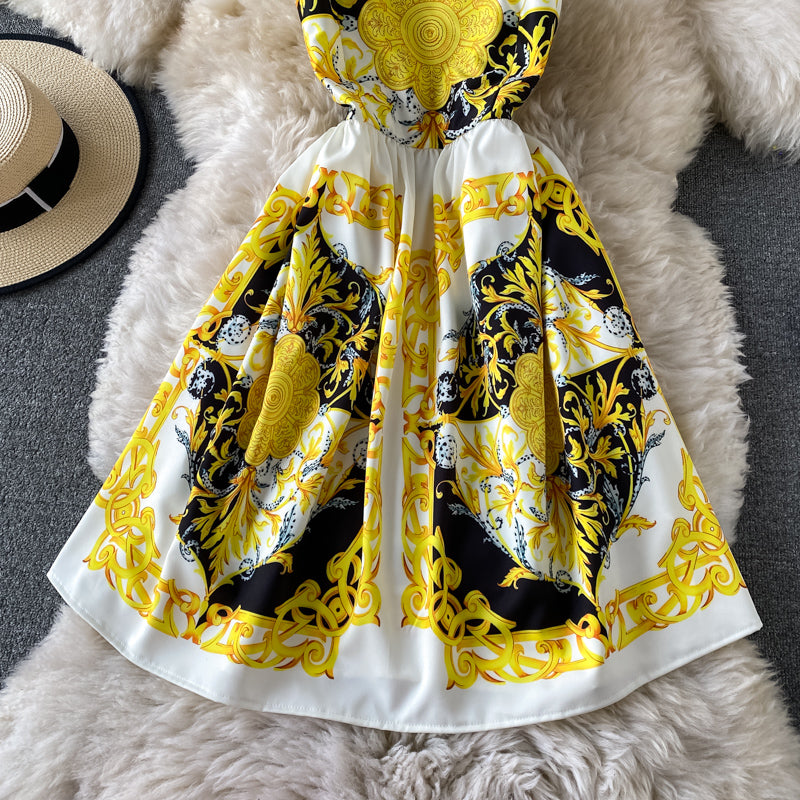 Bow tie strap suspender skirt sweet print age reduction dress 3302