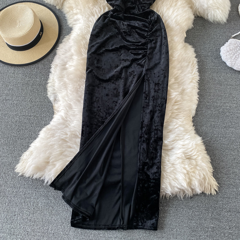 Banquet wine red evening dress velvet suspender split dress 3309