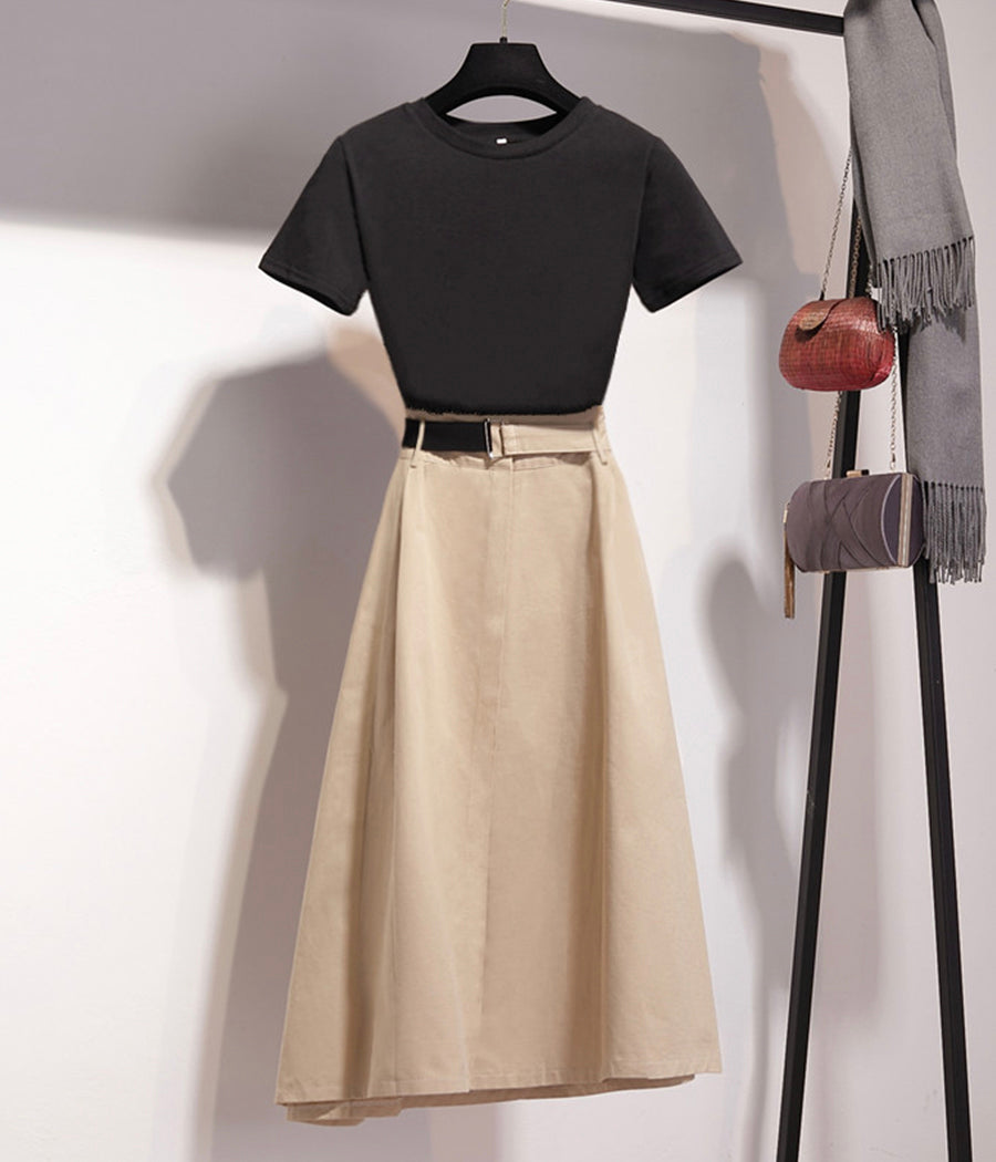Stylish black top + black irregular skirt 1275
