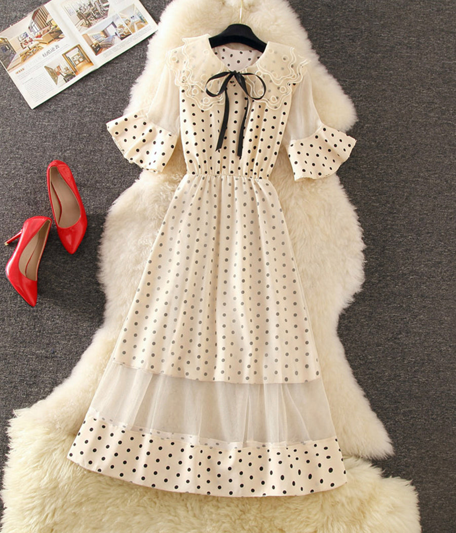 Lovely A line polka dot lace dress summer dress 1248