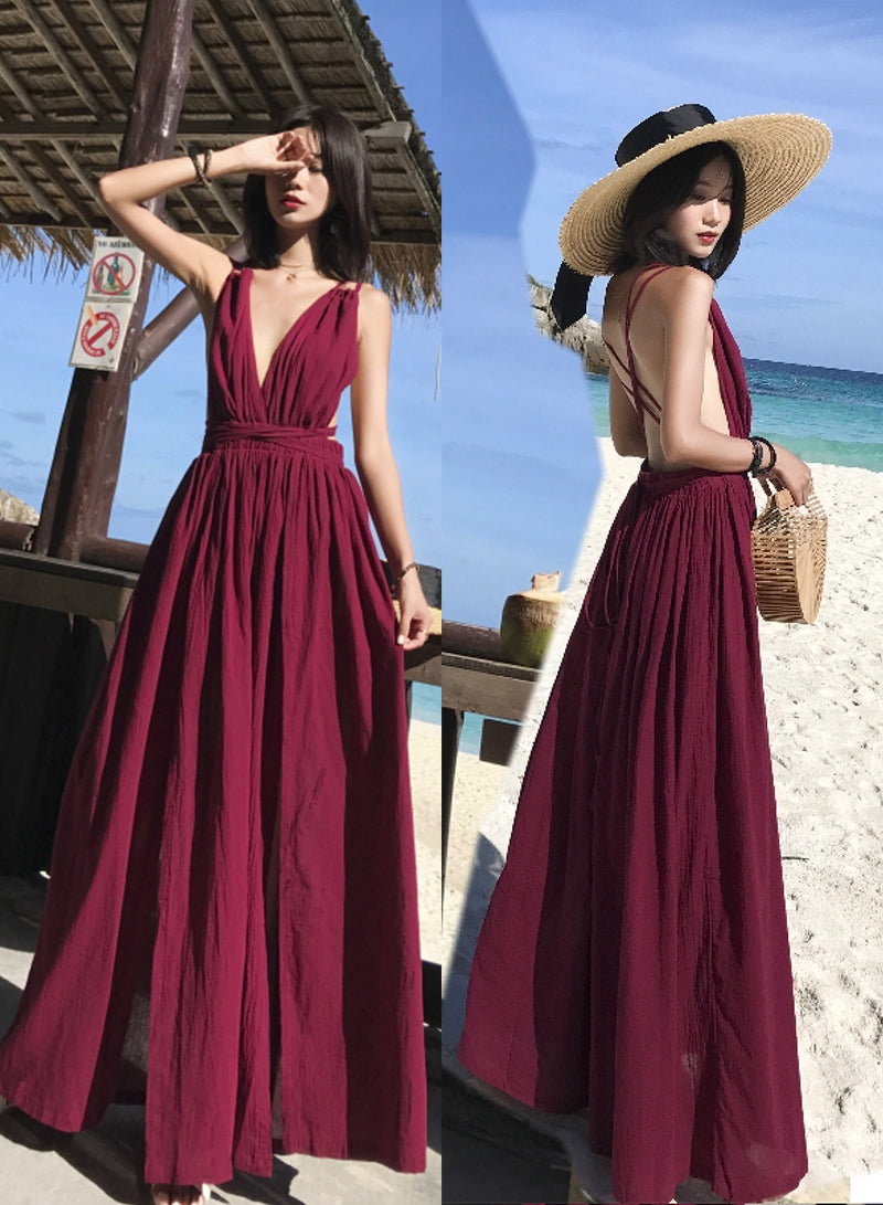 Burgundy v neck long dress summer dress 1217