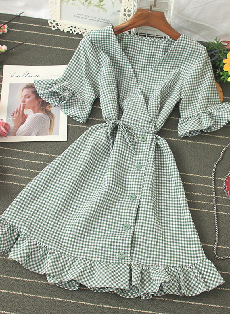 Retro v neck plaid dress women's dress 1202