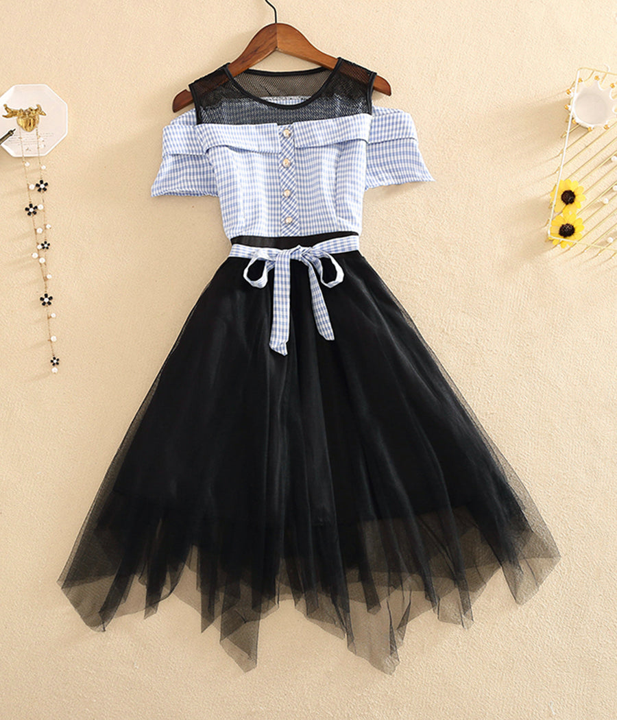 Fashion girl dress A line plaid tulle dress 1235