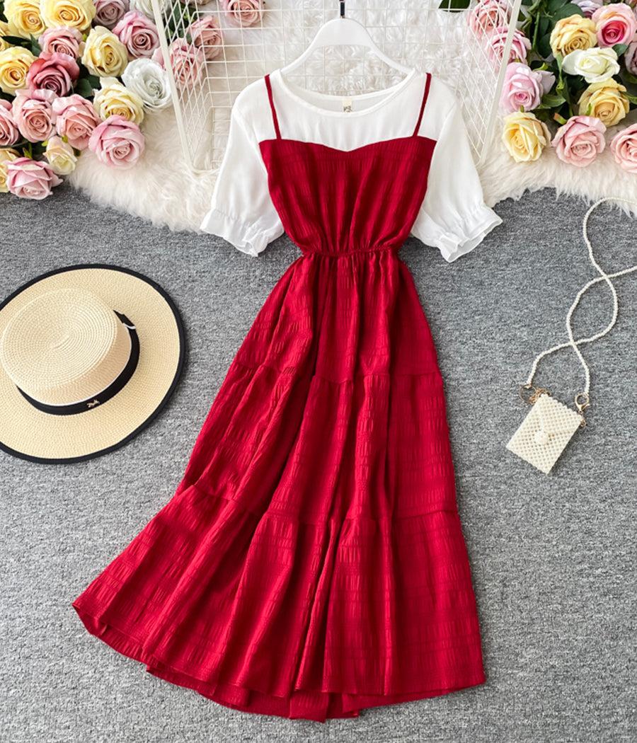 Cute A line round neck stitching dress summer dress 1230