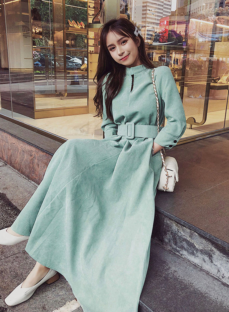 Green A line autumn dress 1067