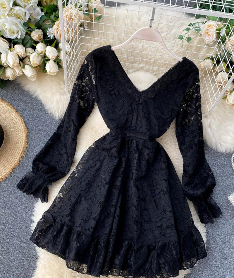 Cute v neck lace short dress lace dress 1039