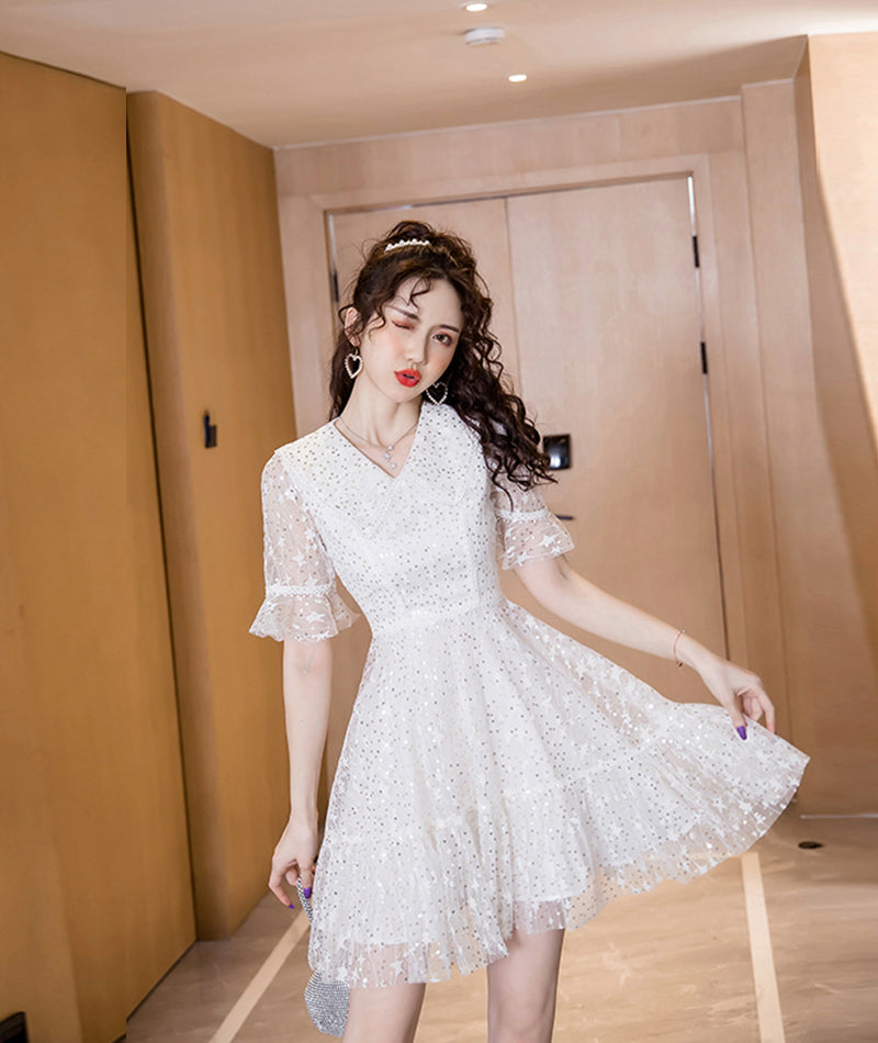 White v neck tulle sequins short dress 1078