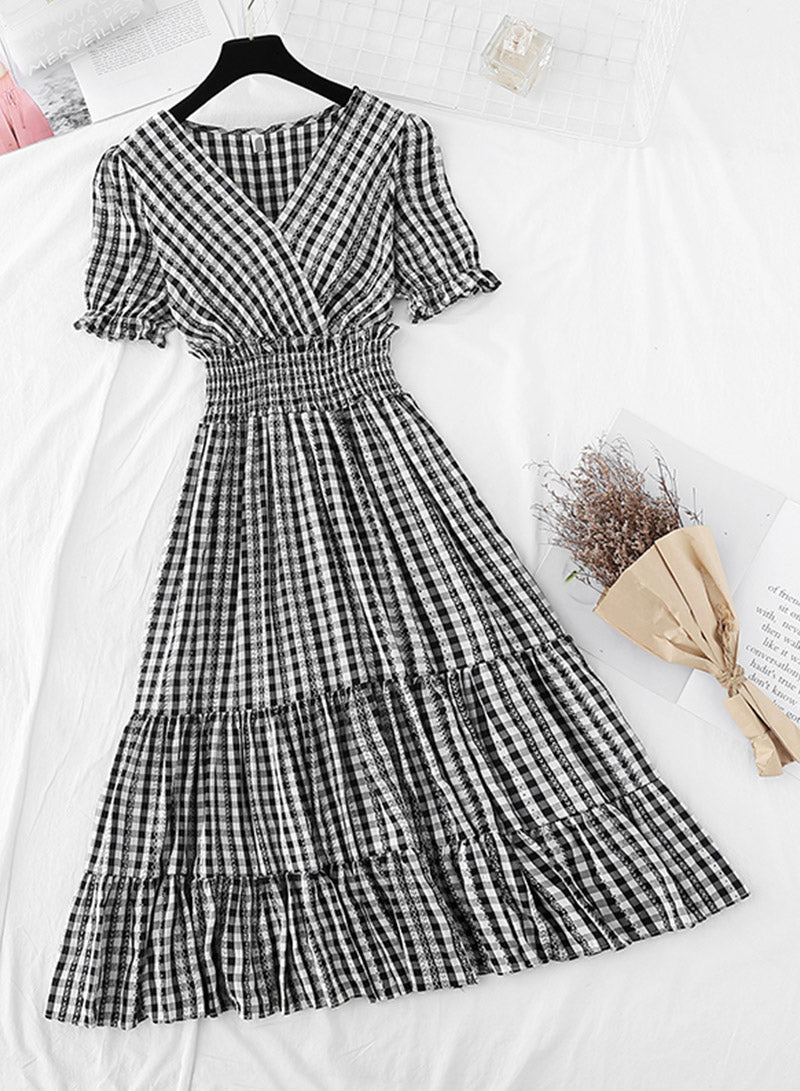 Kariertes Kleid mit V-Ausschnitt, Damenkleid 1138