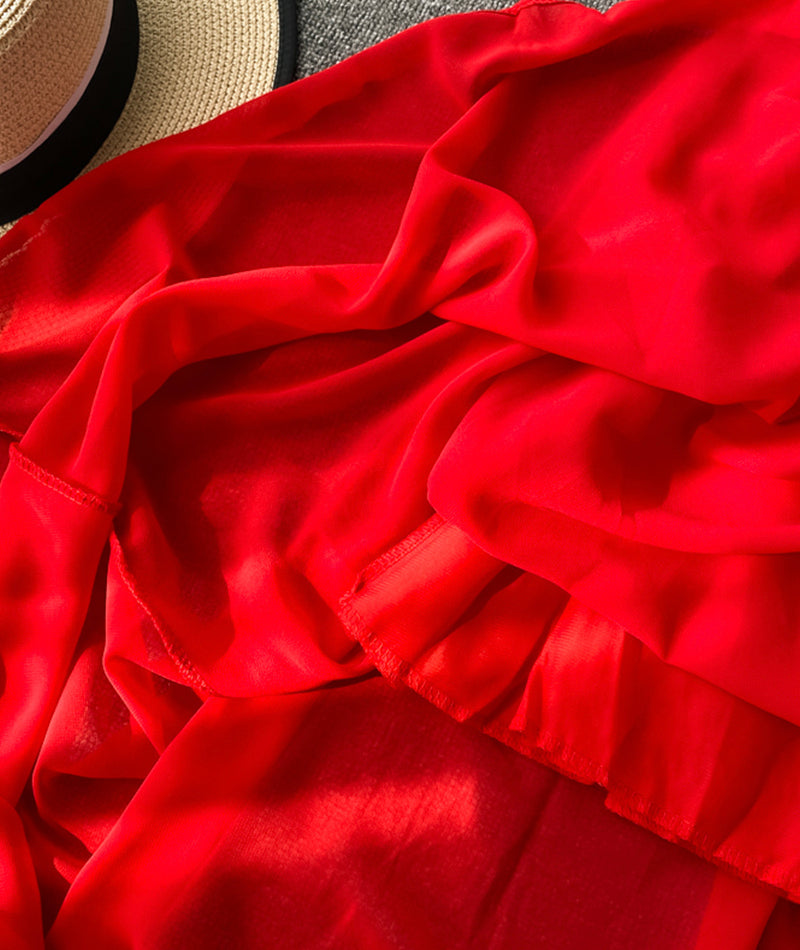 Red v neck short sleeves chiffon dress fashion dress 1065