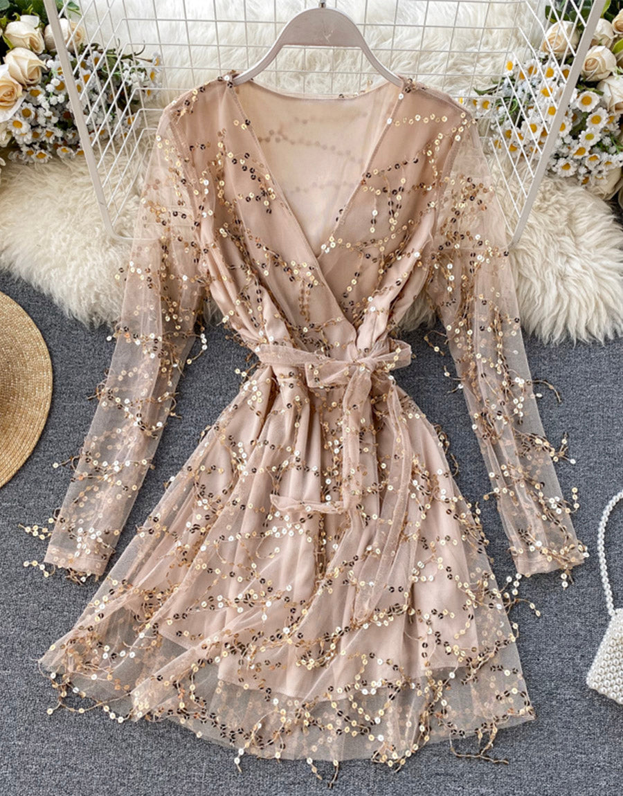 A line v neck tulle sequins dress long sleeve dress 1119