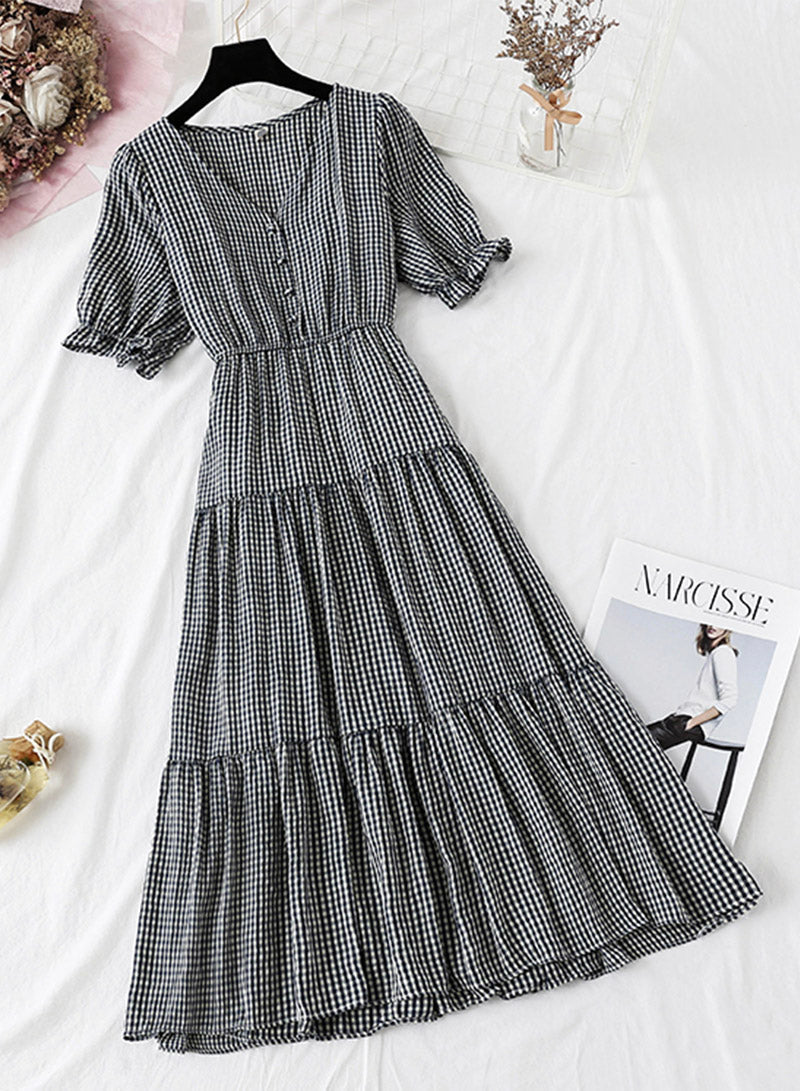 Women's dress A line v neck plaid dress 1135