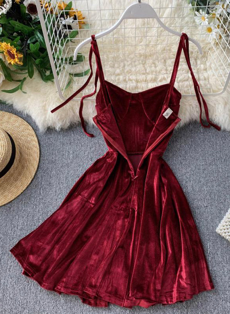 Cute A line velvet short dress women's dress 1098