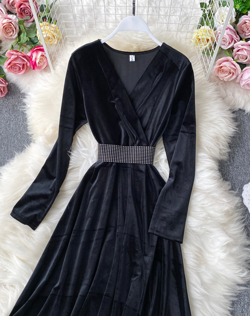 Elegant v neck velvet long sleeve dress women's dress 1070