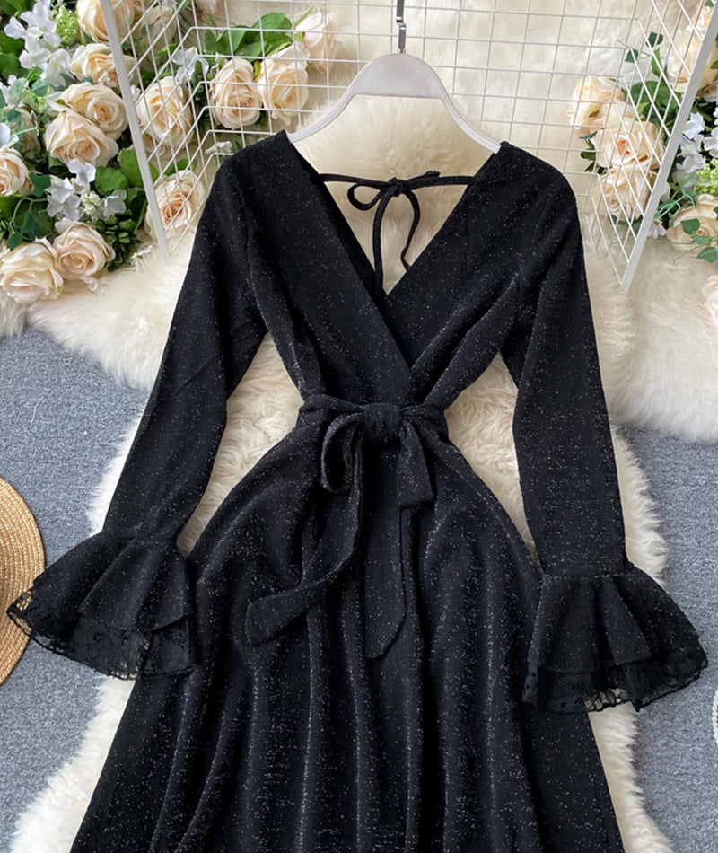 Stylish v neck long sleeve dress 1024