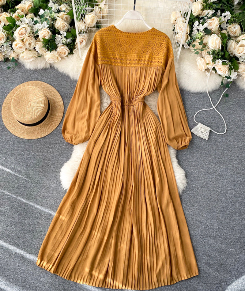 Vintage v neck pleated dress long sleeve dress 1033