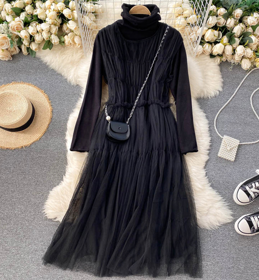 Stylish high neck bottoming shirt + sleeveless tulle dress two piece sets 991