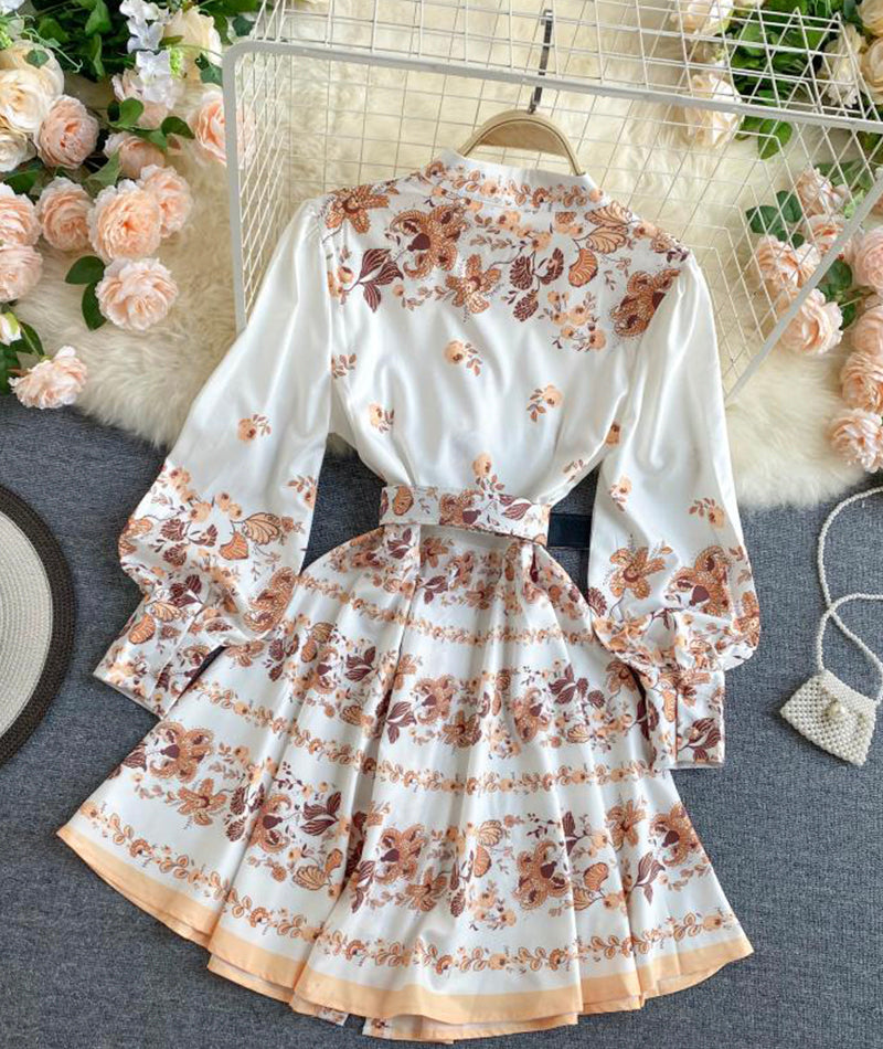 Retro print slim long sleeve dress 1031