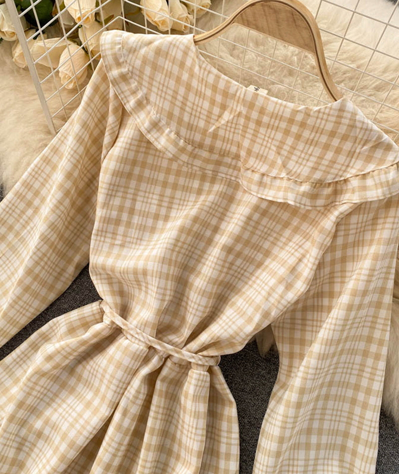Cute A line plaid dress long sleeve dress 1030