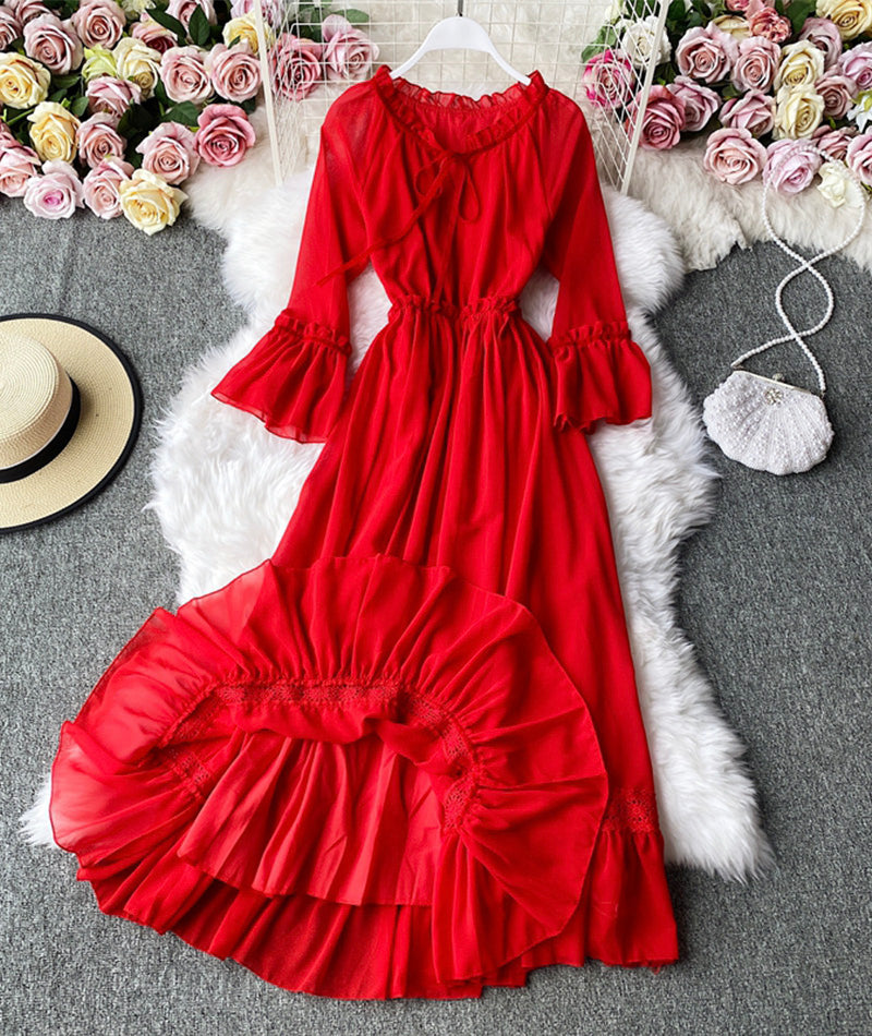Red A line chiffon dress fashion girl dress 1005