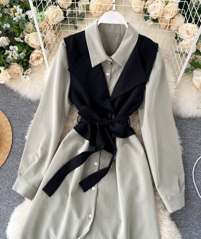 Fashionable vest + long sleeve shirt dress two pieces suit 1025