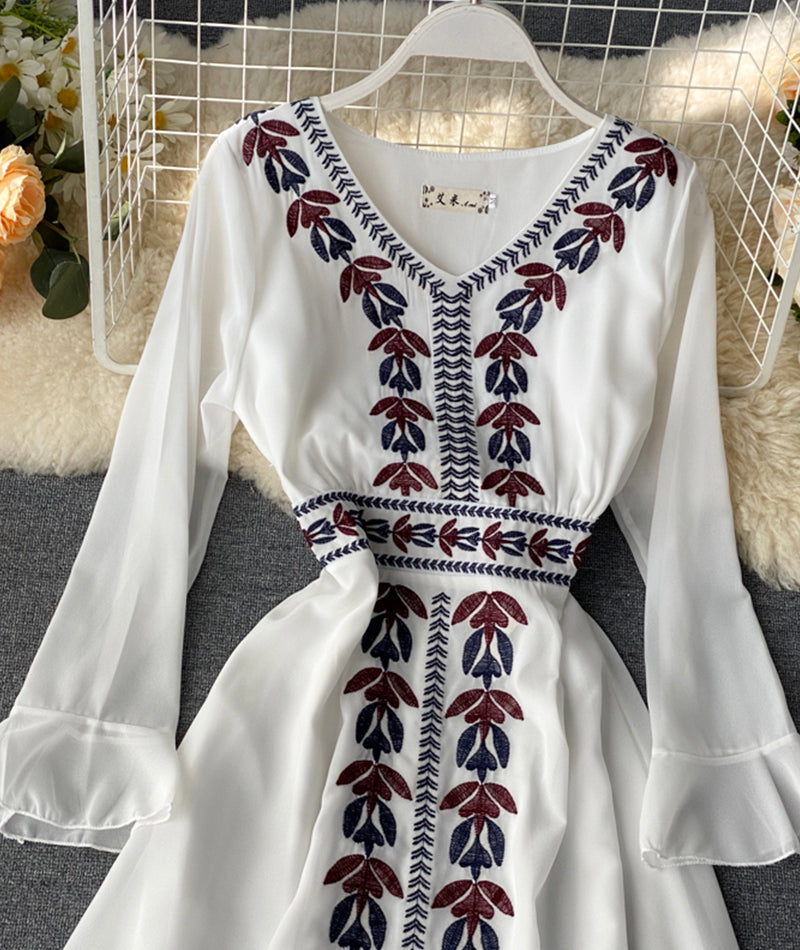 Stylish A line embroidery dress v neck chiffon dress 1016
