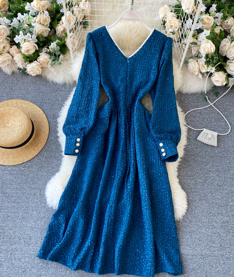 Blue v neck long sleeve dress 978