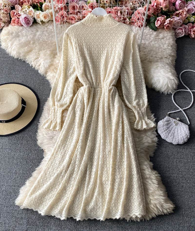 Apricot long sleeve lace dress 957
