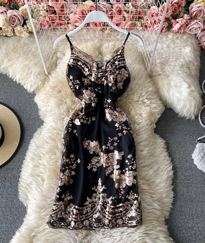 Black sequins short dress party dress 931