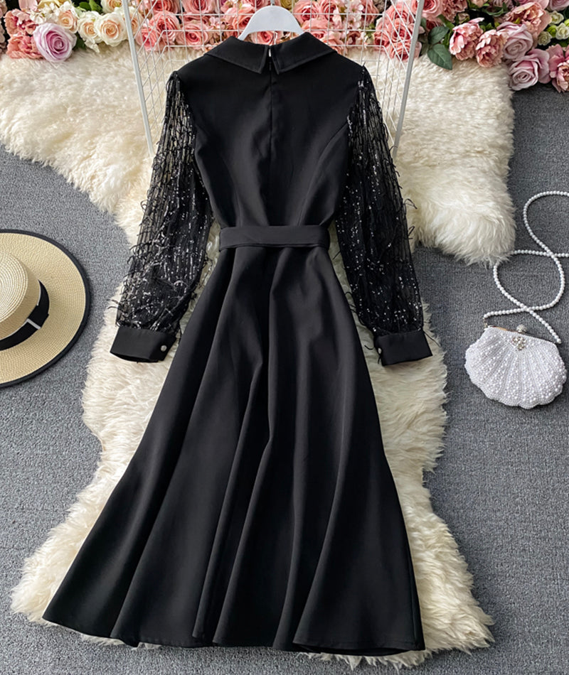 Black v neck sequins long sleeve dress 958