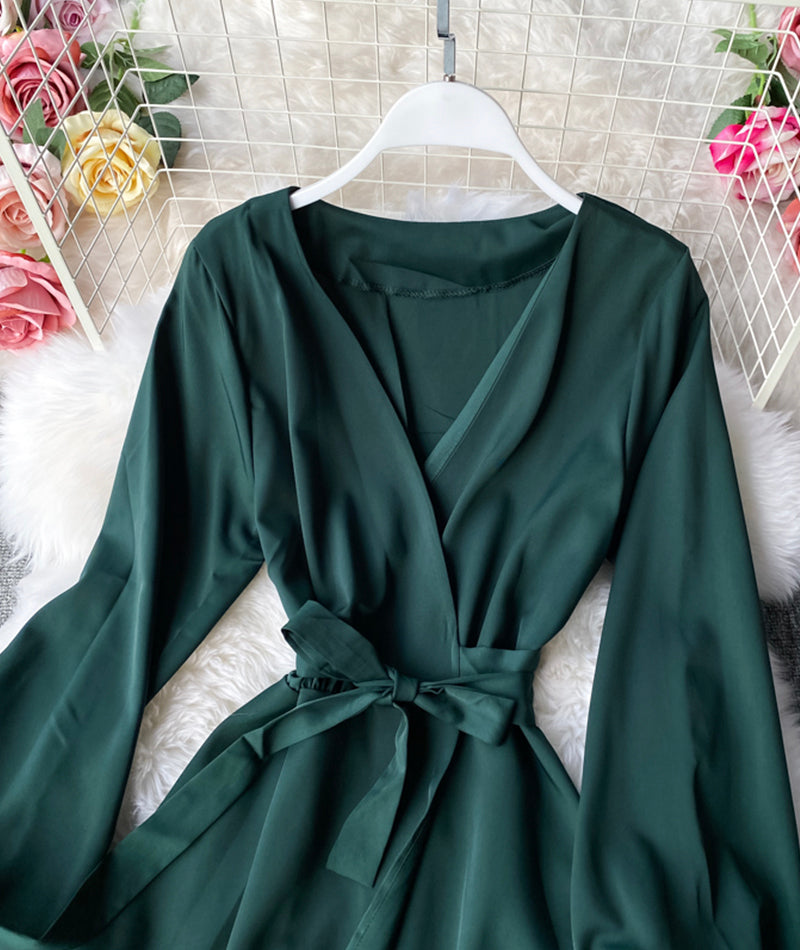 Simple v neck short dress long sleeve dress 956