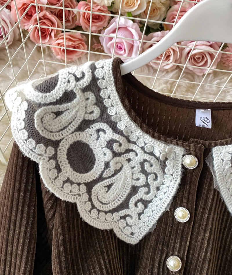 Lovely A line corduroy dress long sleeve lace dress 924