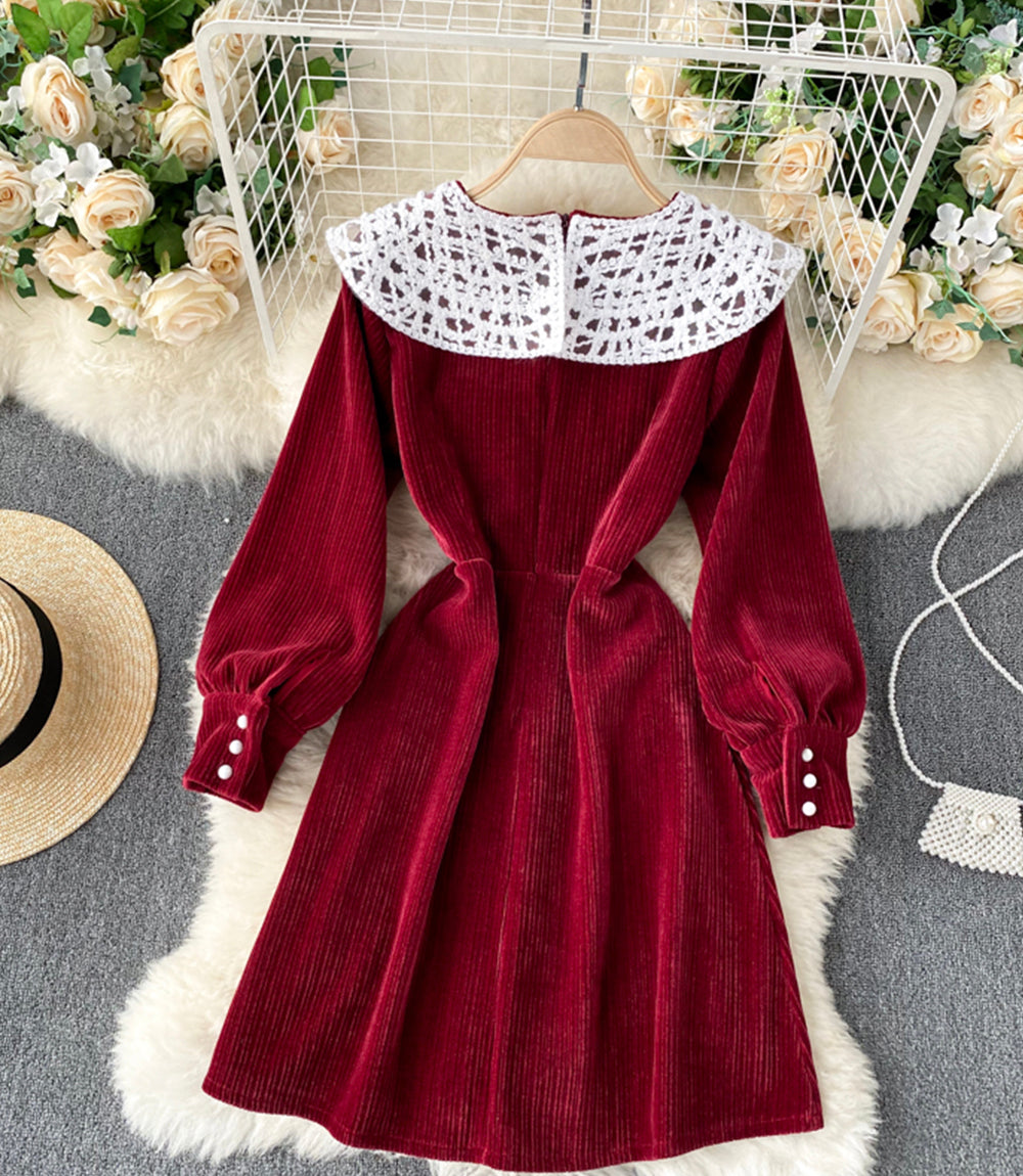 Lovely A line corduroy dress long sleeve lace dress 922