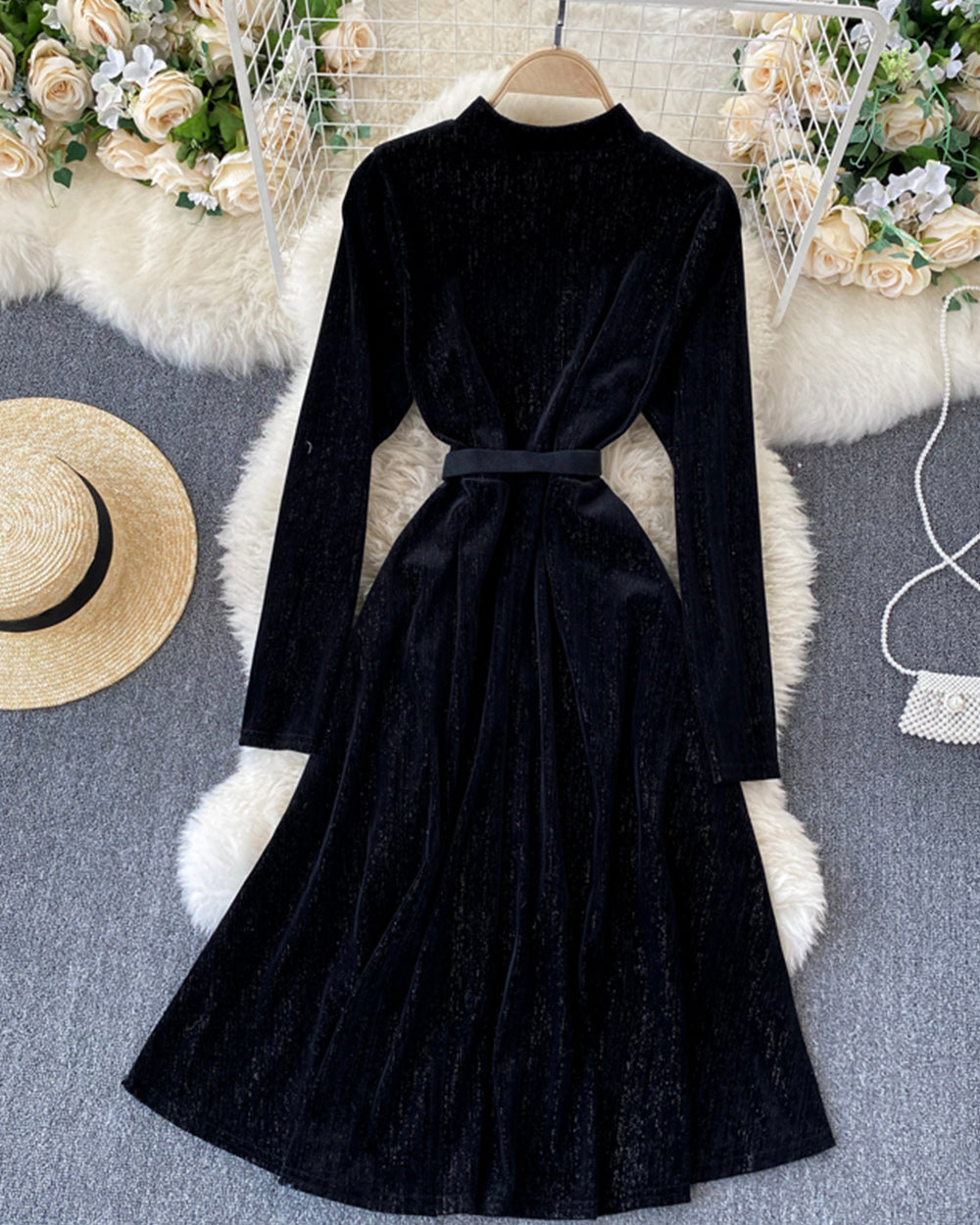 Elegant A line velvet dress long sleeve dress 923