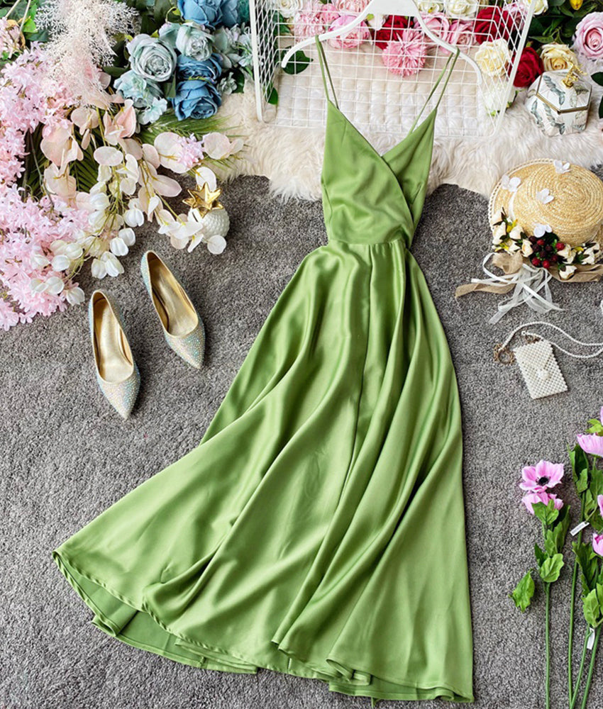 Simple A line v neck satin dress fashion girl dress 915