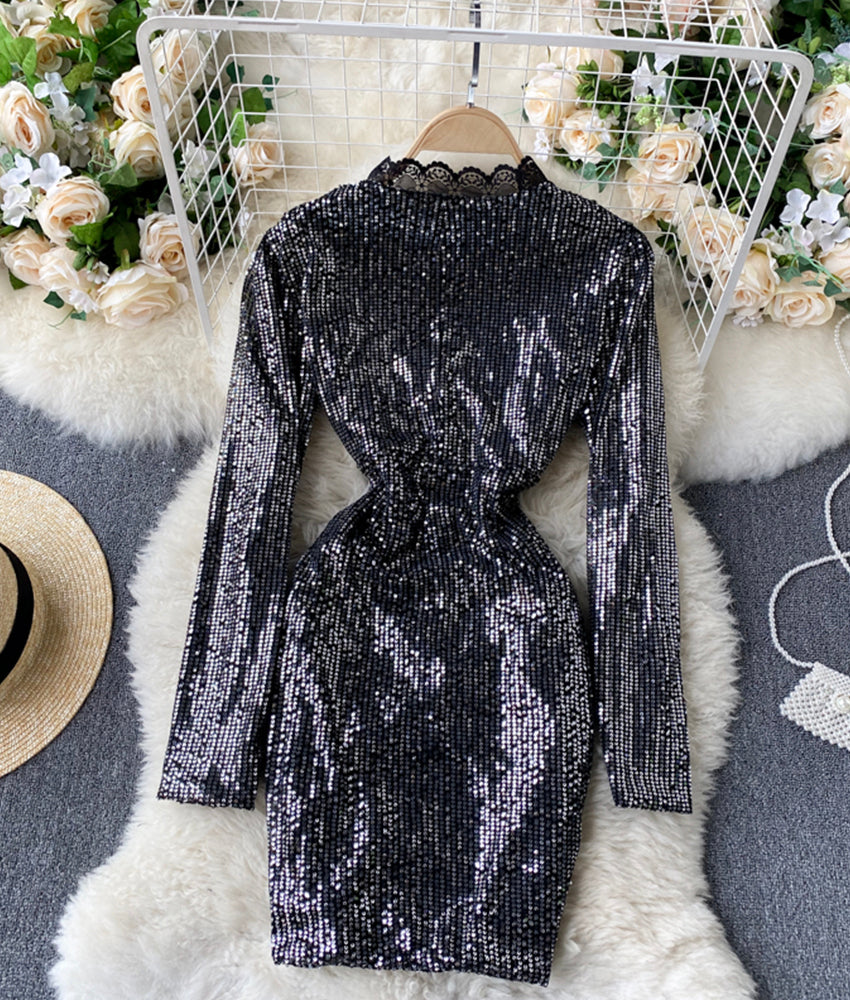 Stylish v neck sequins short dress party dress 906