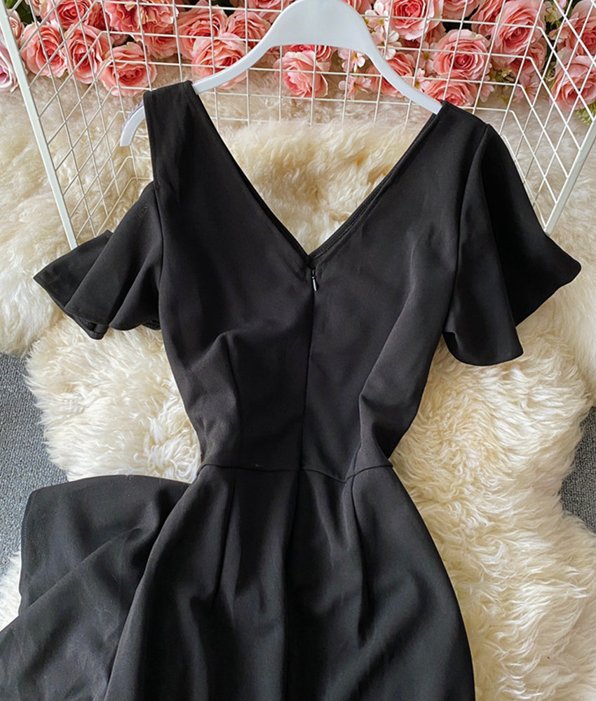 Unique V neck black dress short dress 896