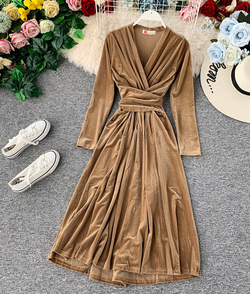 Elegant v neck velvet dress long sleeve dress 914