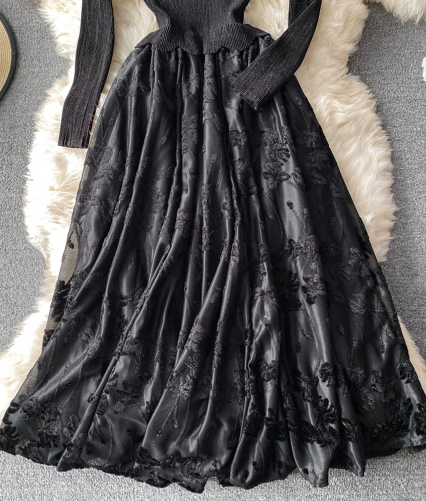 Stylish A line patchwork dress long sleeve dress 898