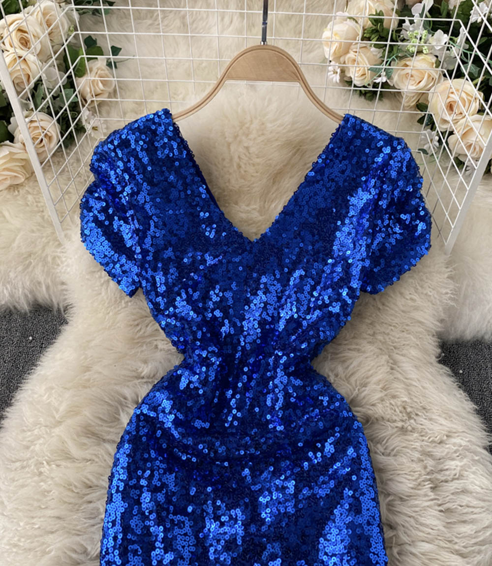Shiny v neck sequins short dress party dress 860