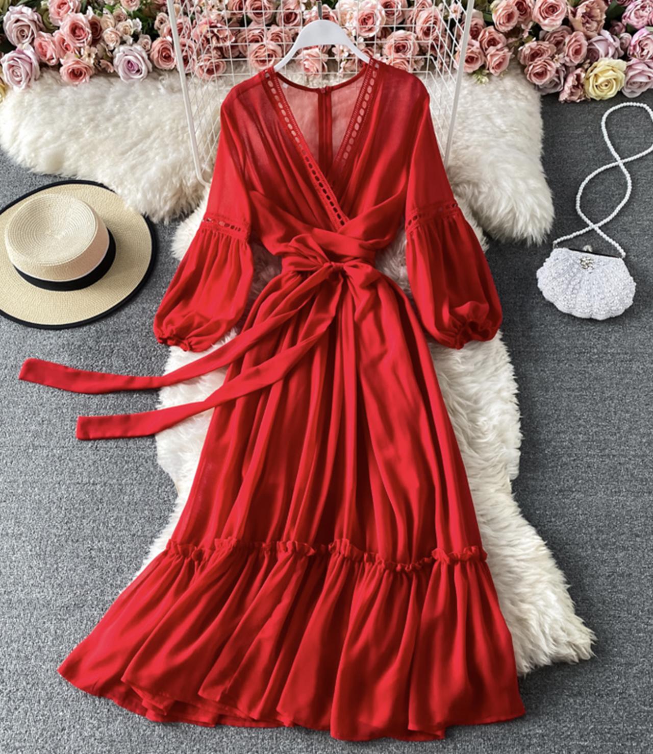 Red A line chiffon dress fashion girl dress 840